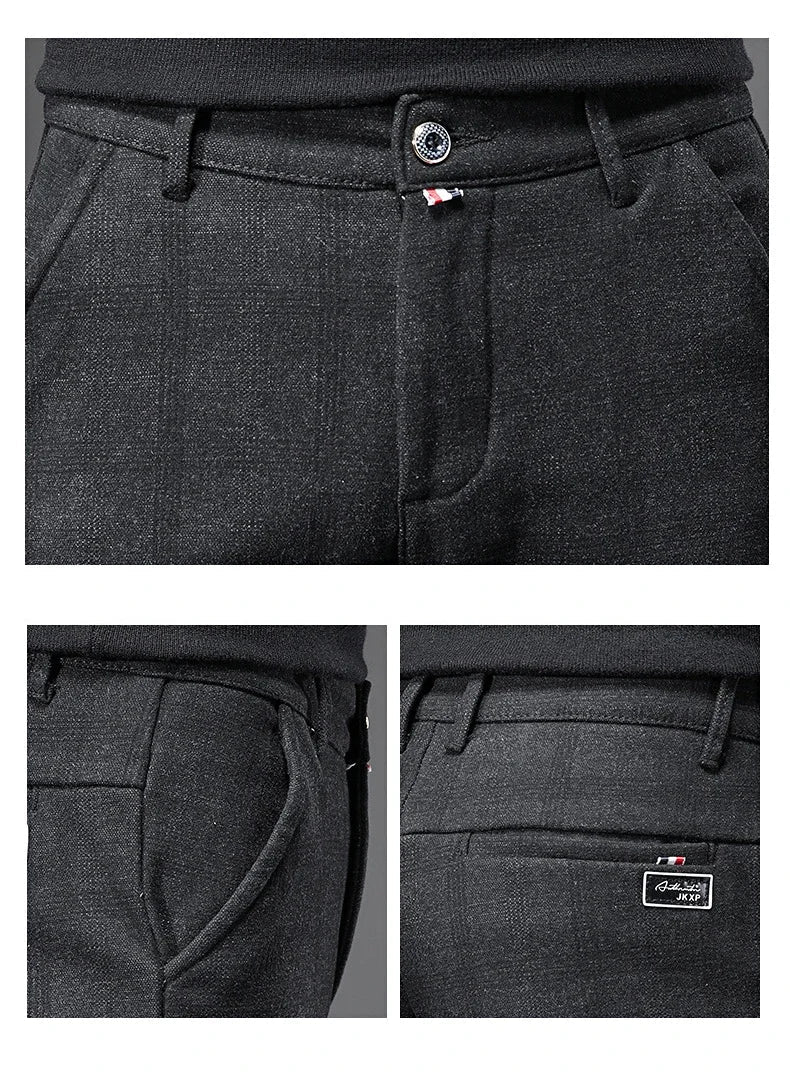 Autumn Men's Brushed Plaid Casual Pants Korean Style Gray Elastic Straight Slim Fit Fashionable Work Pants Blue and Black Male