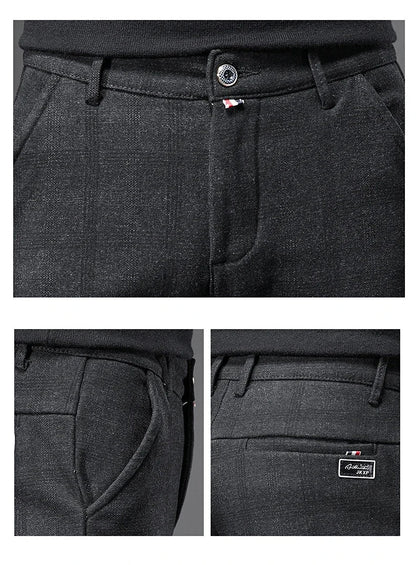 Autumn Men's Brushed Plaid Casual Pants Korean Style Gray Elastic Straight Slim Fit Fashionable Work Pants Blue and Black Male