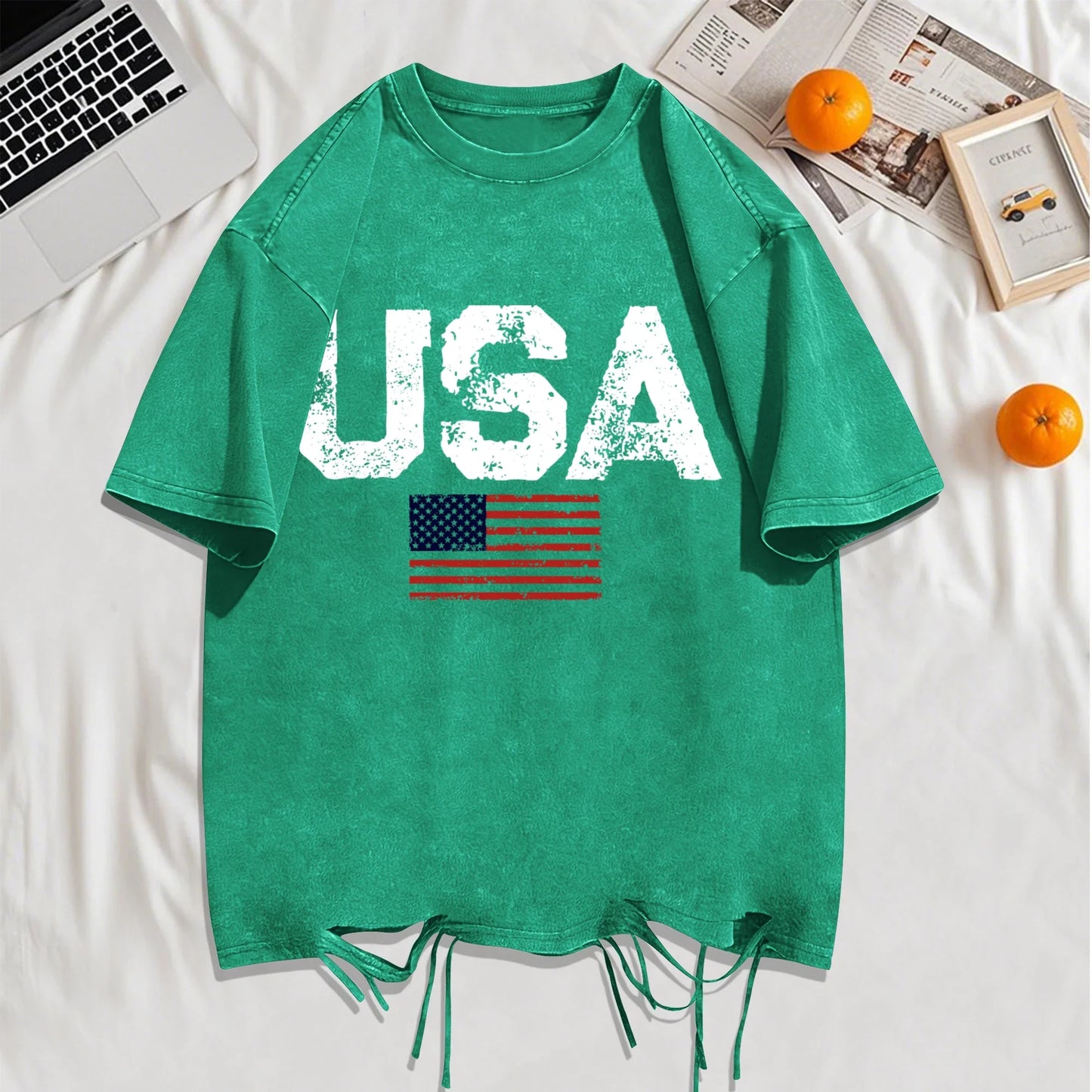 Usa Letter American Flag Printed Washed Holes T-Shirt Man Summer Cotton Loose Top O-Neck Creative Tee Unisex Vintage T Shirt