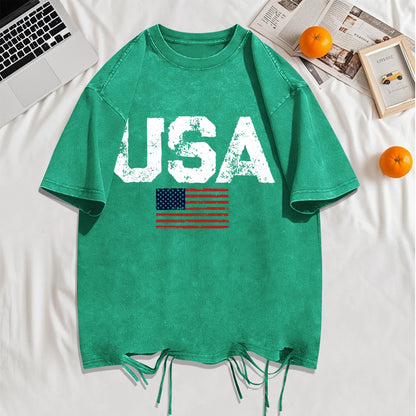 Usa Letter American Flag Printed Washed Holes T-Shirt Man Summer Cotton Loose Top O-Neck Creative Tee Unisex Vintage T Shirt