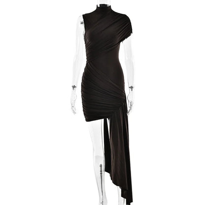 Summer Draped Ruched Sexy Mini Dress Women 2025 New Irregular High Waist Slim Fit Dress Female Elegant Club Tank Dress
