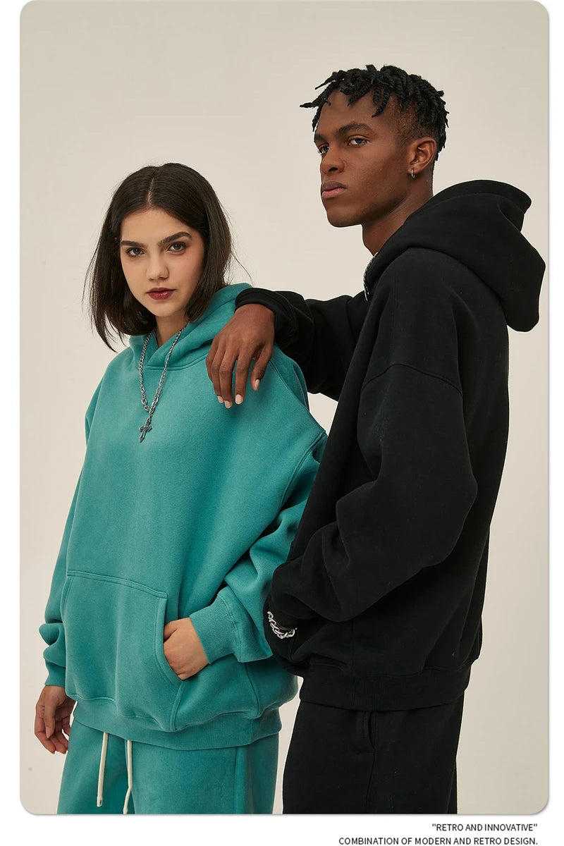 Thick 350gsm Fleece Hooded Hoodies For Men Unisex Winter Oversized Loose Basic Solid Sweatshirts Pullovers Coats HY0631