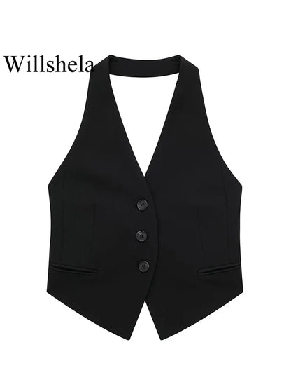 Women Fashion Black Backless Lace Up Waistcoats Vintage Halter Neck Sleeveless Jackets Female Chic Lady Tank Tops