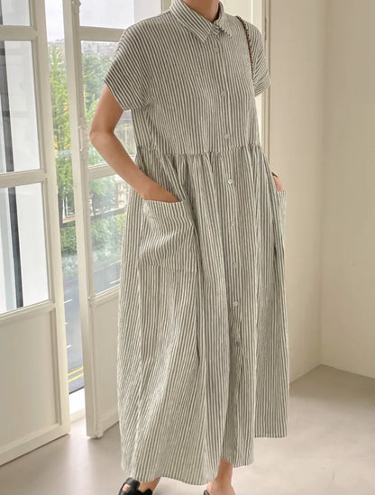 Summer Vintage Striped Single Breasted Women's Shirt Dresses 2024 New Korean Casual Straight Dress Pockets Female