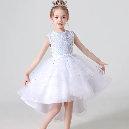Summer Sequin Lace Tuxedo Wedding Dress for girls 3-13 years old Sleeveless fluffy Mesh gauze Doveark brand