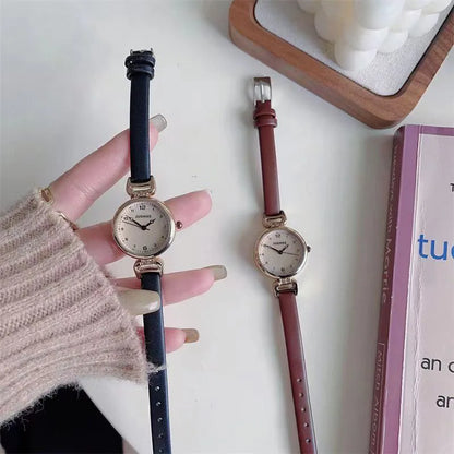 Simple Women's Watches Small Round Ladies Bracelet Watch PU Leather Thin Retro Quartz Wristwatch for Women Girls Gifts
