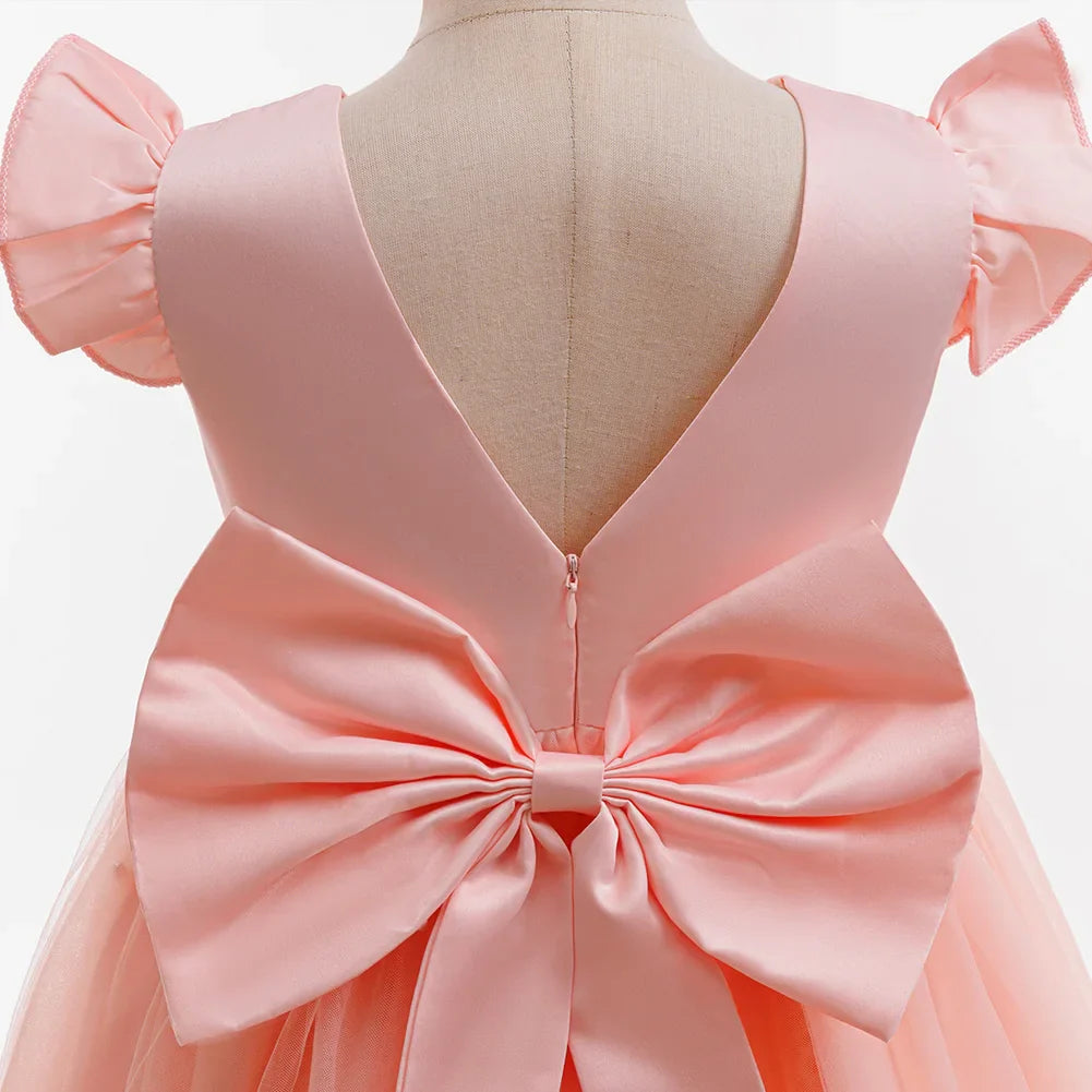 Girls White Wedding Pearls Elegant Pageant Princess Dress For Girls Backless Big Bow Wedding Bridesmaid Birthday Party Ball Gown
