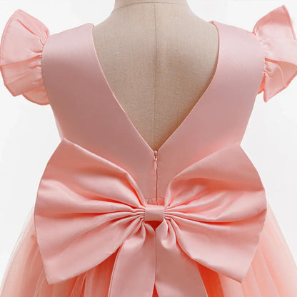 Girls White Wedding Pearls Elegant Pageant Princess Dress For Girls Backless Big Bow Wedding Bridesmaid Birthday Party Ball Gown