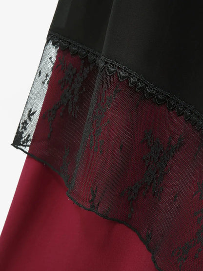 Plus Size Women's Skirts Deep Red Lace Chiffon Layered Skirt Or Halloween Vampire Costume Gothic Lace Up Two Tone Skirt