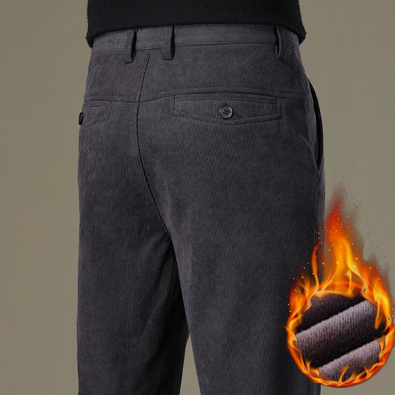 Winter Men Business Fleece Thick Casual Pants Straight Velvet Corduroy Warm Cold Resistant Bottoms Elastic Waist Trousers