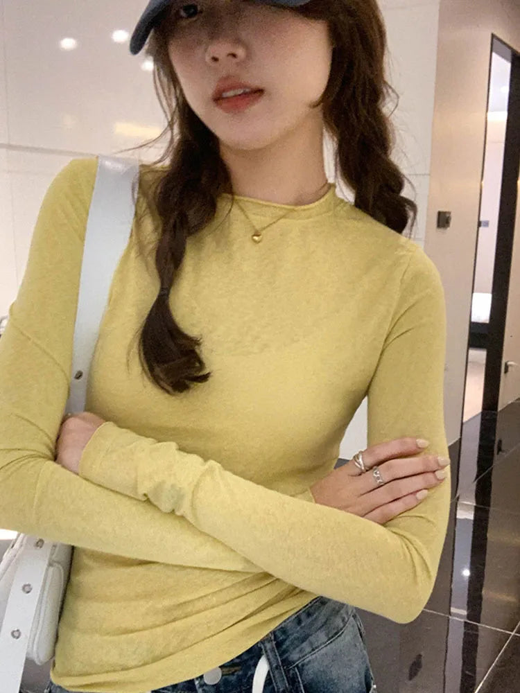 2024 Spring Autumn T shirt Women Tops Solid Slim Fit Long Sleeve O Neck Tshirts Female Casual Streetwear High Quality Base Tees