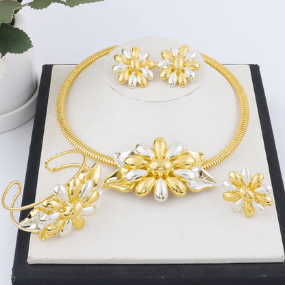 Dubai Gold Plated Necklace Earring Ring Bracelet Sets for Women Copper Vintage Flower Shape Jewelry Set for Party Wedding Gifts