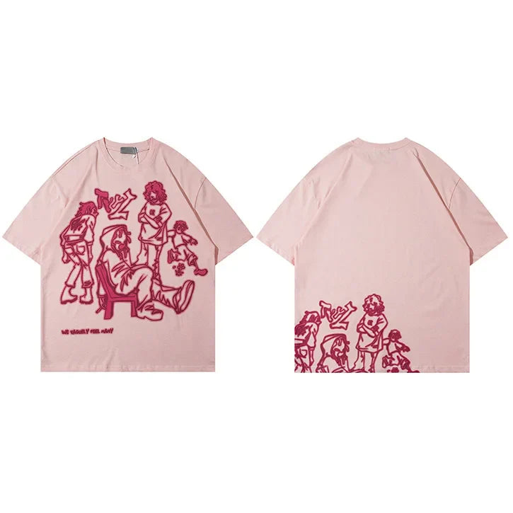 Harajuku Cartoon Girl Cat Japanese Kanji Graphic T Shirt Streetwear Men T-Shirt Summer Short Sleeve Tshirt Tops Tees Unisex