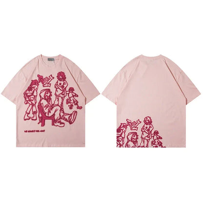 Harajuku Cartoon Girl Cat Japanese Kanji Graphic T Shirt Streetwear Men T-Shirt Summer Short Sleeve Tshirt Tops Tees Unisex