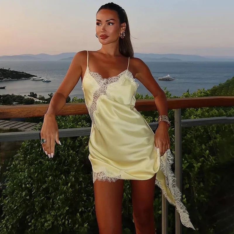 Lace Mini Spaghetti Strap Dress For Women Backless Slit Sexy Dress Evening Party Bodycon Female Elegant Dress High Waist