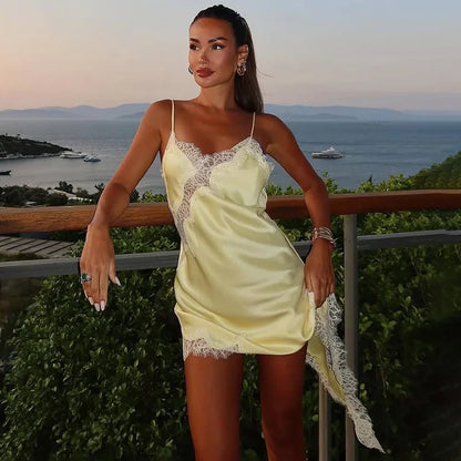 Lace Mini Spaghetti Strap Dress For Women Backless Slit Sexy Dress Evening Party Bodycon Female Elegant Dress High Waist