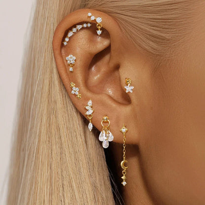 1PC Four Pointed Star Moon Tassel Lotus Cartilage Spiral Puncture 925 Sterling Silver Stud Earring For Women Ins Earring