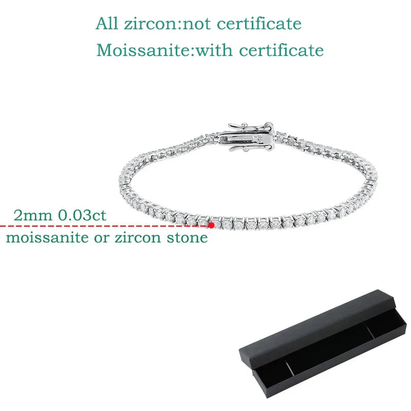 2MM D Color 100% Real Moissanite Tennis Bracelet for Women Lab Diamond Original Silver 925 Jewelry Hip Hop Party Chain