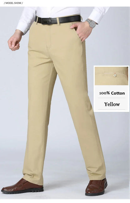 100% Cotton Spring Summer Middle-aged Cargo Trousers Men's Straight Slacks High Waists Thin Thick Breathable Male Suit Pants