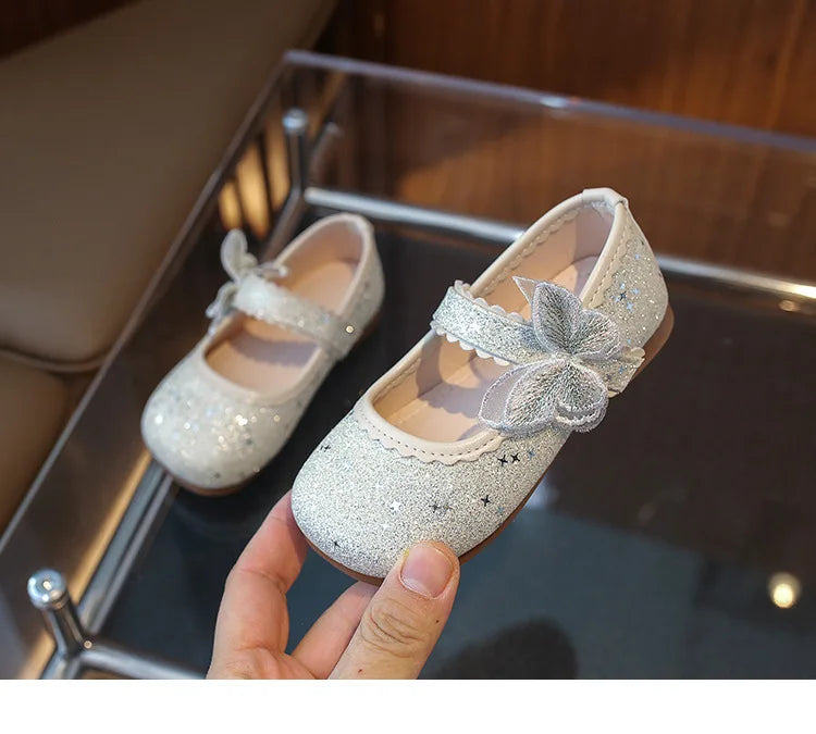 New Girls Princess Shoes Fashion Children's Bow Rhinestone Sequin Kids Shoes Baby Party Student Flat Performance Shoes