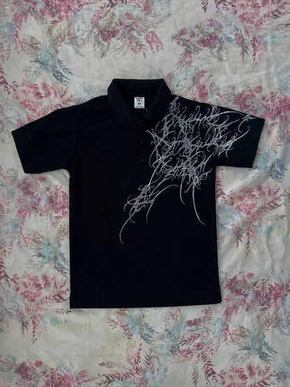 Y2K Polo Shirt Print Rock Goth Oversized T-shirt Hip Hop Button-down Collar Shirt Punk Casual Tee Minimalist and Fashionable