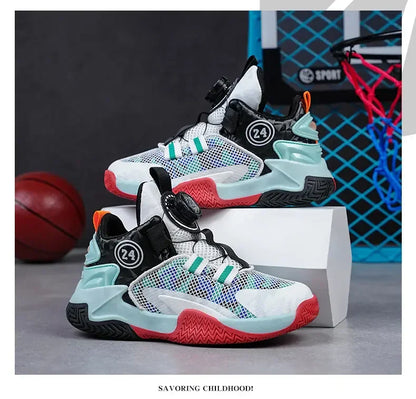 Boys Girls Quick Twist Lace Basketball Shoes Wear Resistant Comfortable Outdoor Athletic Footwear