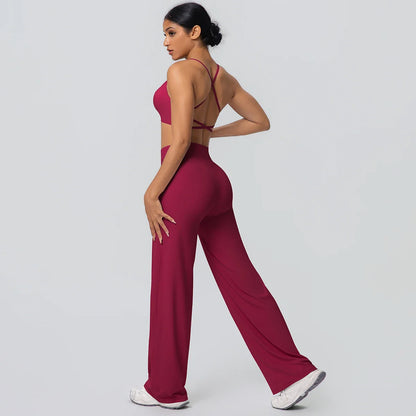 Women Gym Sports Yoga Suit Sexy Beautiful Back Yoga Underwear With Chest Pad Solid Color High Waisted Wide Leg Pants Yoga Set