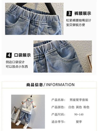 2-10 Years Kids Boys Clothes Set Summer Short Sleeve Cartoon Print Lapel T-shirt And Denim Shorts 2PCS Children Tracksuit Outfit