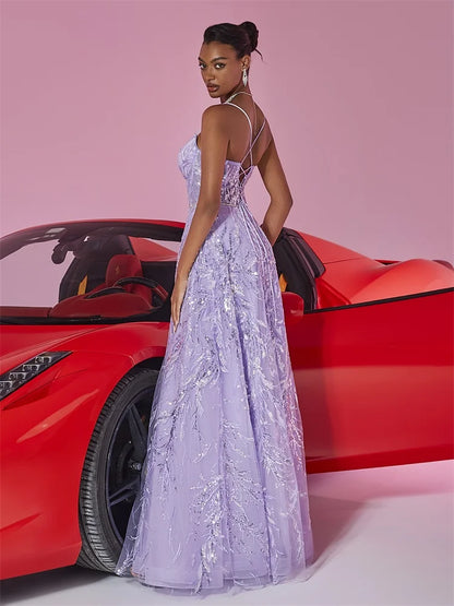Luxury Suspenders Sequins Sexy backless Formal Evening Dresses Women Long Wedding Party Maxi Cocktail Gowns