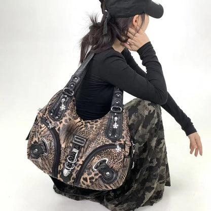 Y2K vintage hot girl personality leopard print shoulder bag with multiple compartments, Maillard crossbody handbag