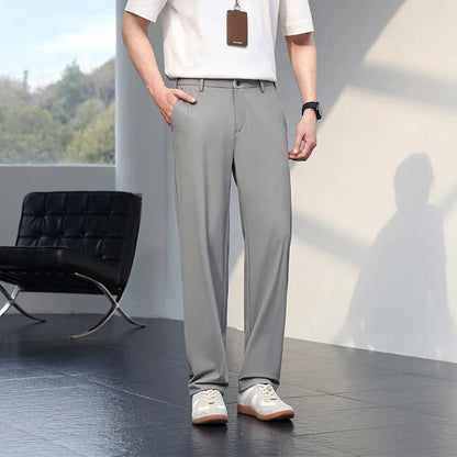 Men's Ice Silk Trousers High Stretch Micro-Grid Straight Leg Pants Business Casual Breathable YKK Zip Quick Dry Slacks 2026