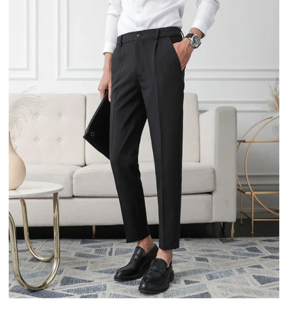 Slim Straight Non-iron Dress Pants Men Business Casual Little Feet Suit Pants Classic Black Apricot Dark Gray Male Trousers