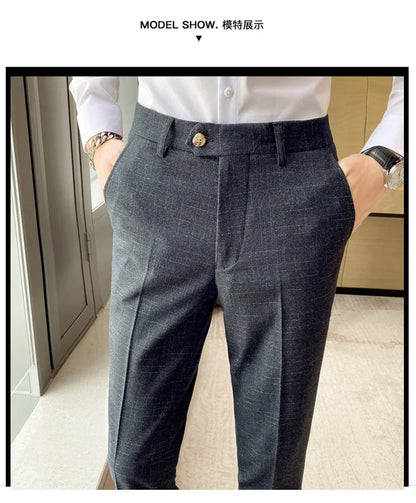 Boutique Classic Plaid and Striped Fashion Men's Casual Business Slim Suit Pants Groom Wedding Dress Trousers Party
