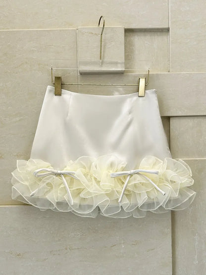 Females Summer Sweet Ruffle Edge Short Skirts French Style A-Line Party Stage Fashion Lace Shirring Above Knee Mini Skirt