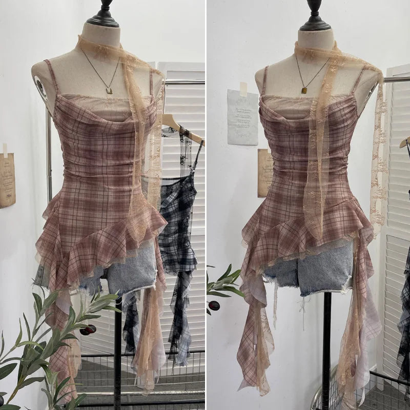 Y2K Plaid Camisole for Women Summer Casual Lace Scarf Breathable Stretch Mesh Patchwork Asymmetrical Ruffle Slim Tops
