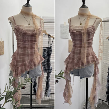 Y2K Plaid Camisole for Women Summer Casual Lace Scarf Breathable Stretch Mesh Patchwork Asymmetrical Ruffle Slim Tops