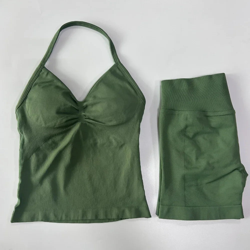 No Logo 2 Pieces Sports Set Workout Clothes Shorts Sets Gym Strappy Top Scrunch Shorts Yoga Clothing Gym Set