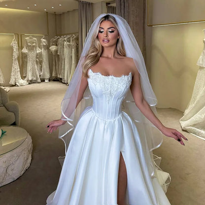 Elegant A-Line Wedding Dresses Strapless Side Slit Bridal Dress Women Appliques Evening Wedding Prom Gowns Customized