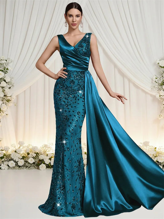 Elegant V-neck Splice Ribbons Sequins Evening Dresses Woman Sleeveless Mermaid Formal Luxury Wedding Party Prom