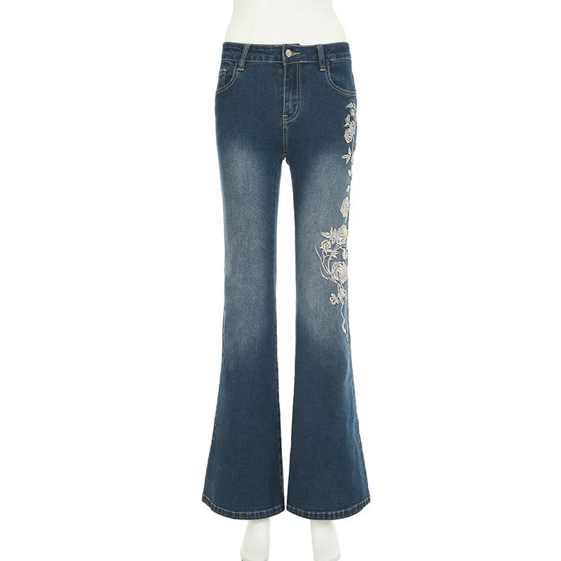 Women Retro Y2k Jeans Baggy Floral Embroidery Jeans Vintage 2000s Low Rise Flared Denim Pants High Street Basic Trousers