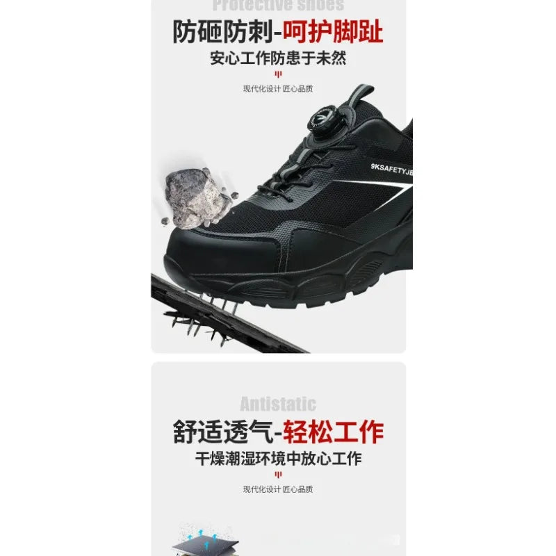 Men Lightweight Safety Shoes Button Elastic Protection Shoes With Steel Toe Anti Smashing And Anti PiercingTactical Boots