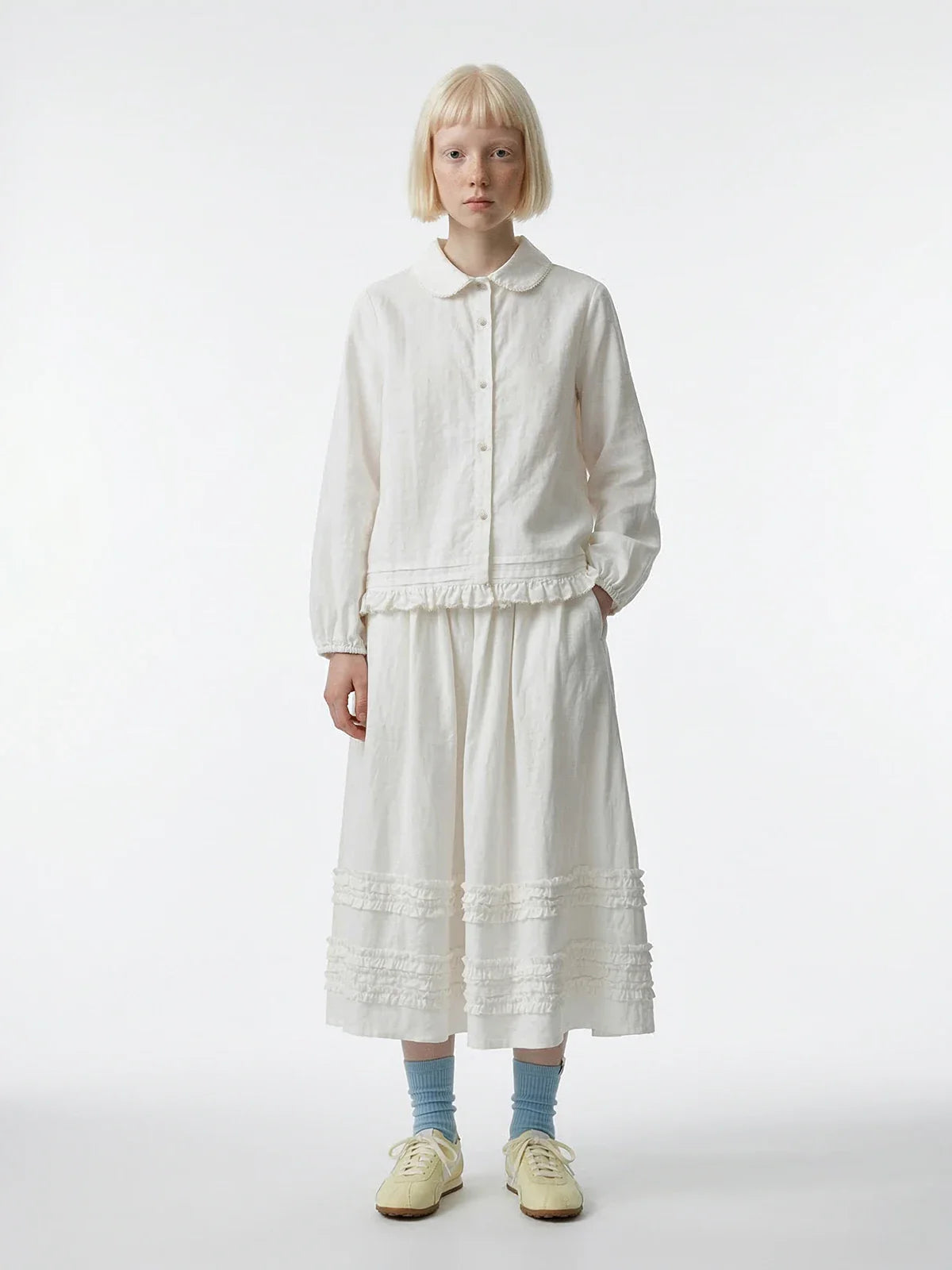 Artistic ruffled half skirt for women, imakokoni 2026 spring forest style white midi skirt, versatile 265387