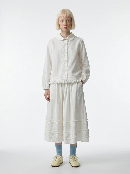 Artistic ruffled half skirt for women, imakokoni 2026 spring forest style white midi skirt, versatile 265387