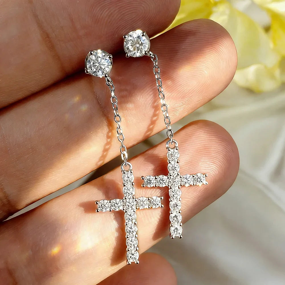 Cross Shape Full Moissanite Drop Earrings for Women Men 925 Sterling Silver Long Diamond Earring with Certificate Fine Jewelry