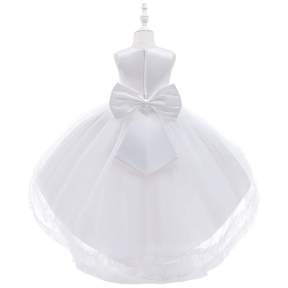 Elegant Trailing Flower Party Girls Dress Summer Wedding Bridesmaid Princess Prom Dress Girl Tull Bow Birthday Evening Ball Gown