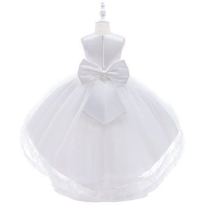 Elegant Trailing Flower Party Girls Dress Summer Wedding Bridesmaid Princess Prom Dress Girl Tull Bow Birthday Evening Ball Gown