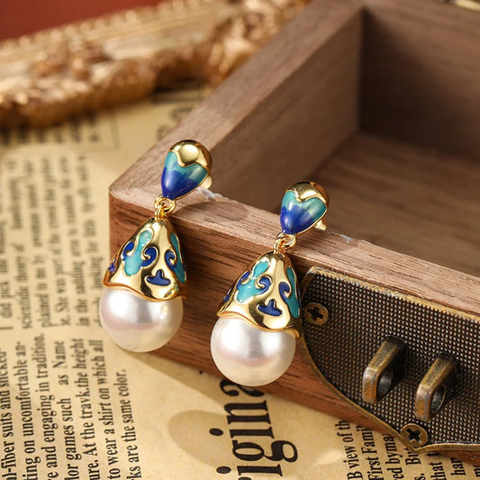 Jewelry Spring New Grid Enamel Earrings Simulated Pearl Dropping Oil Retro Style Earrings Women's Party Festival Gift