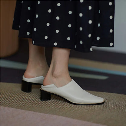 2025 Hot Sale slip-on Genuine Leather Women Pumps Square Toe Med Thick Heels Soft Upper Pumps Office Ladies Dress Shoes