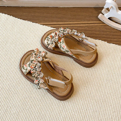 Summer Girl's Sandals Open Toe Flower Hook-loop Chic Kid's Flat Shoe Solid Colors Light Comfy Casual Daily Children Shoes 23-33
