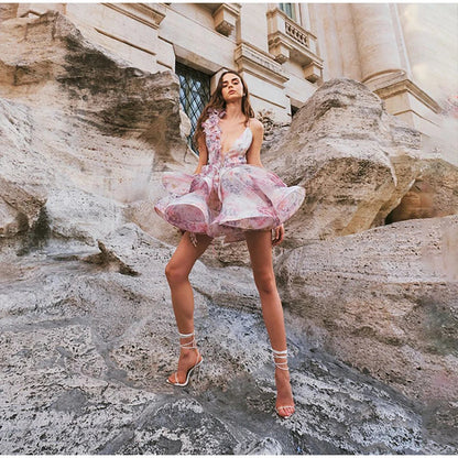 Backless Party Dress Women Elegant 3D Flower Print Sling Lace Up Ruffle A-line Mini Evening Dresses Female 2025 Summer Swimwears
